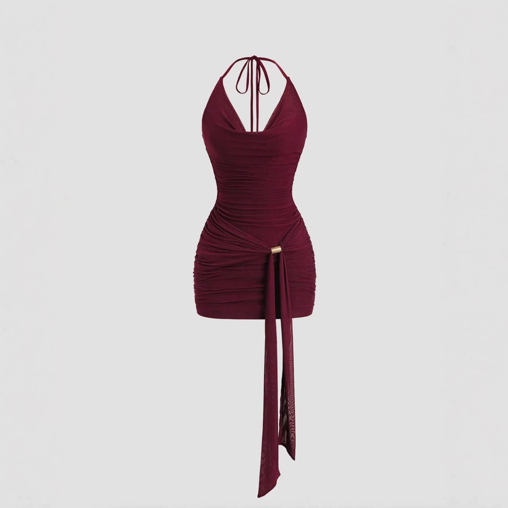 Zara Halter Neck Mesh Bodycon Dress Waist Tie Ruffled Mini